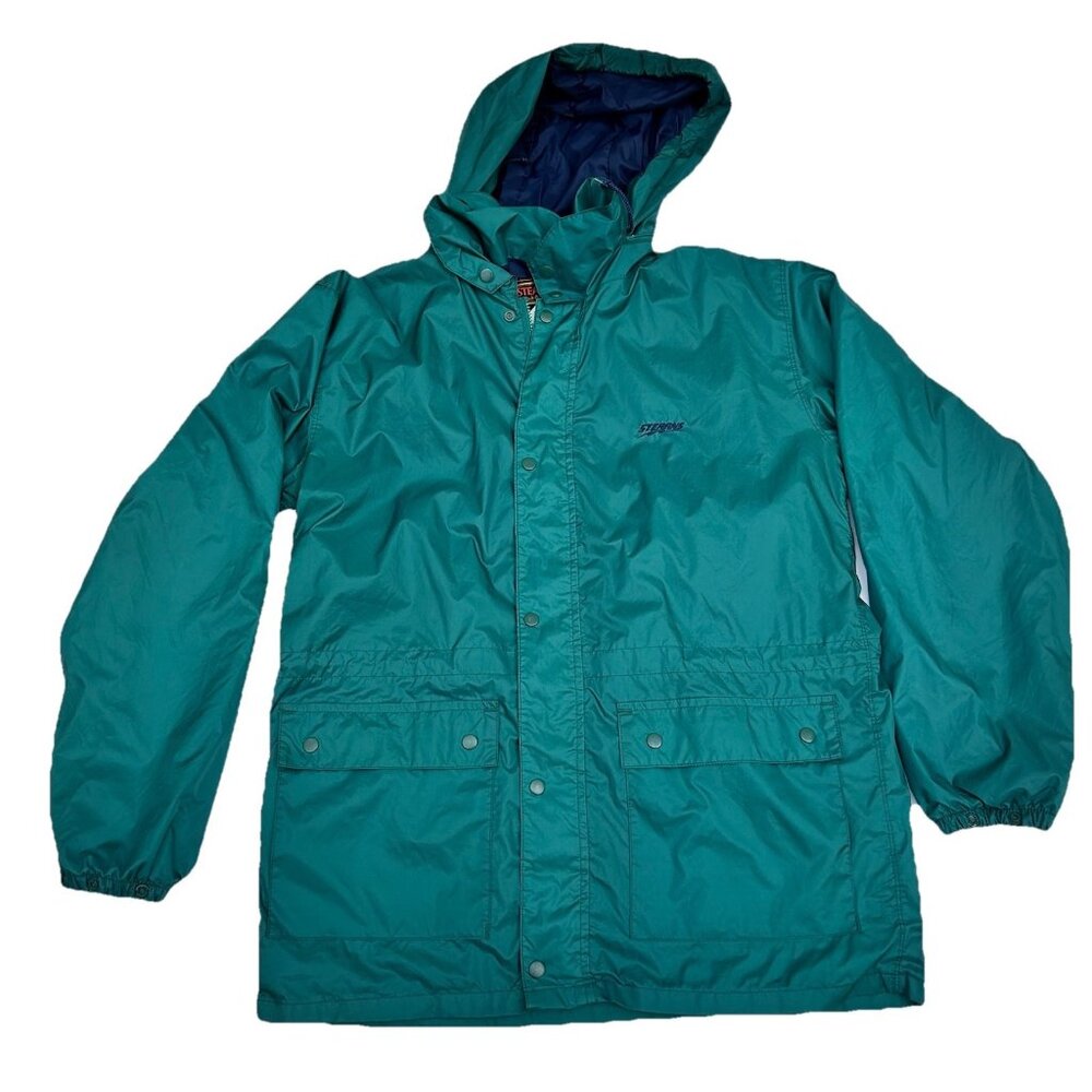 Vintage Stearns Green/Blue Nylon Windbreaker Jacket Size Medium w/ Hoodie Long